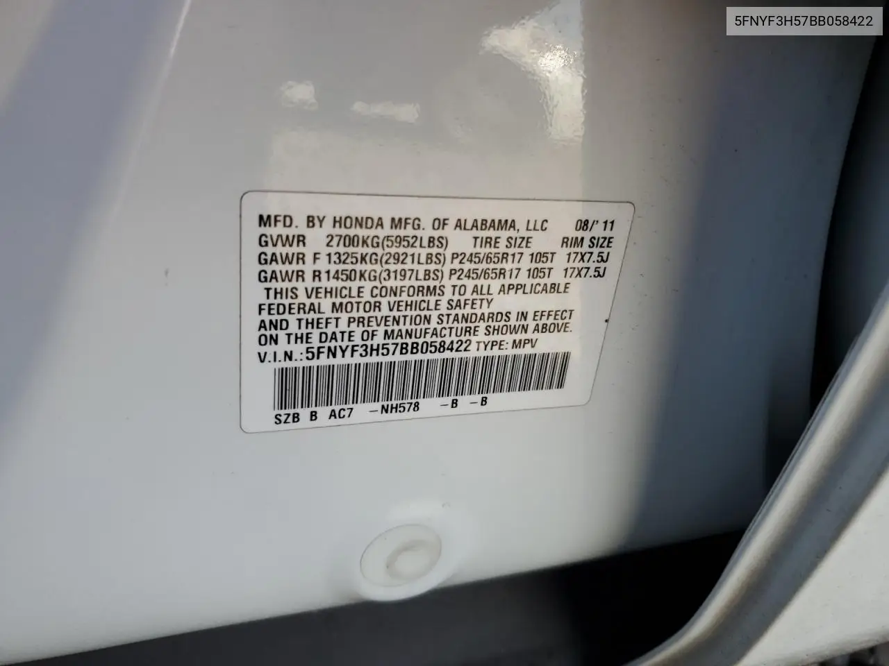 5FNYF3H57BB058422 2011 Honda Pilot Exl