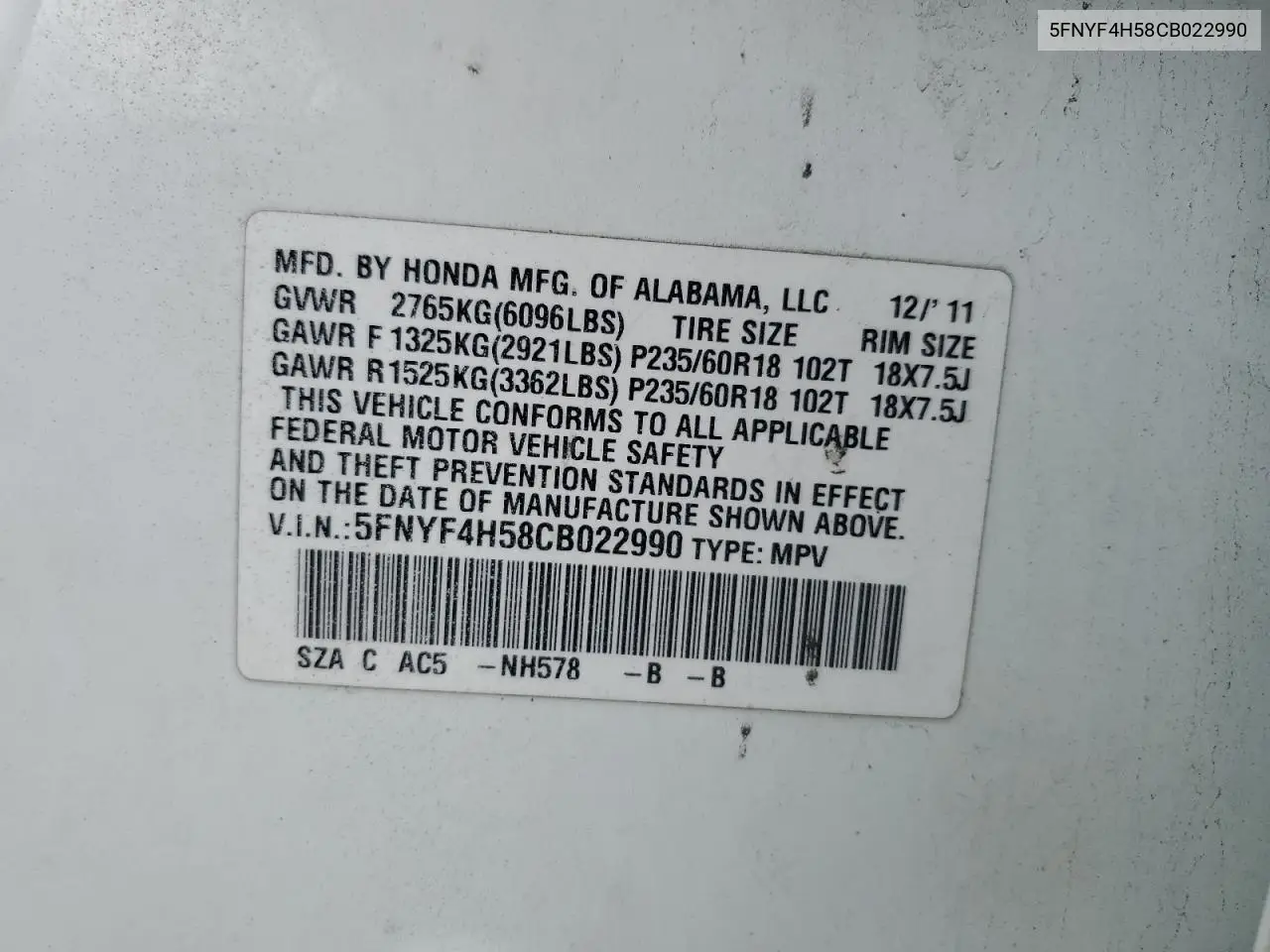 5FNYF4H58CB022990 2012 Honda Pilot Exl
