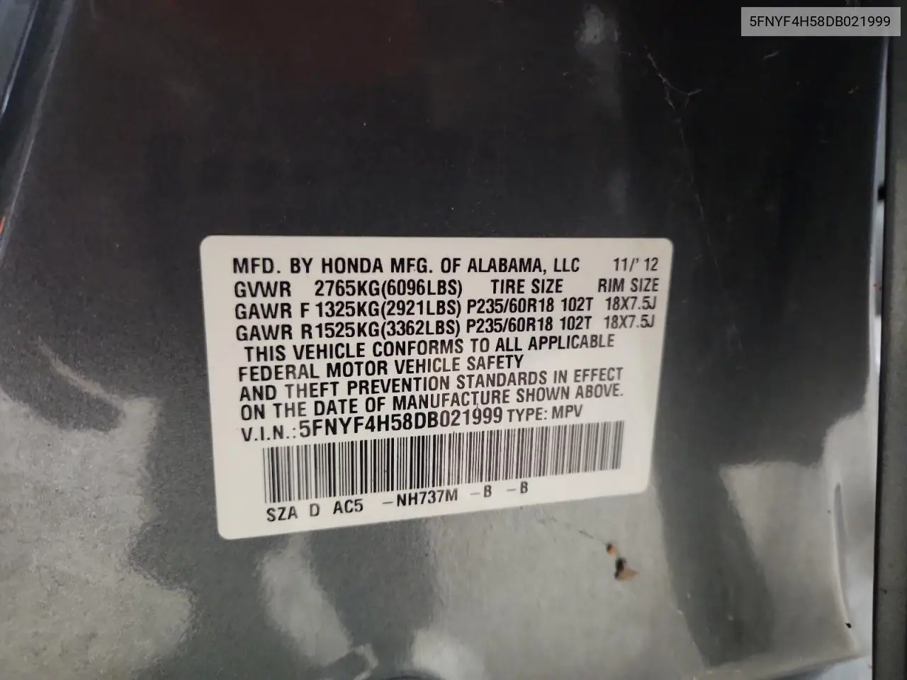 5FNYF4H58DB021999 2013 Honda Pilot Exl