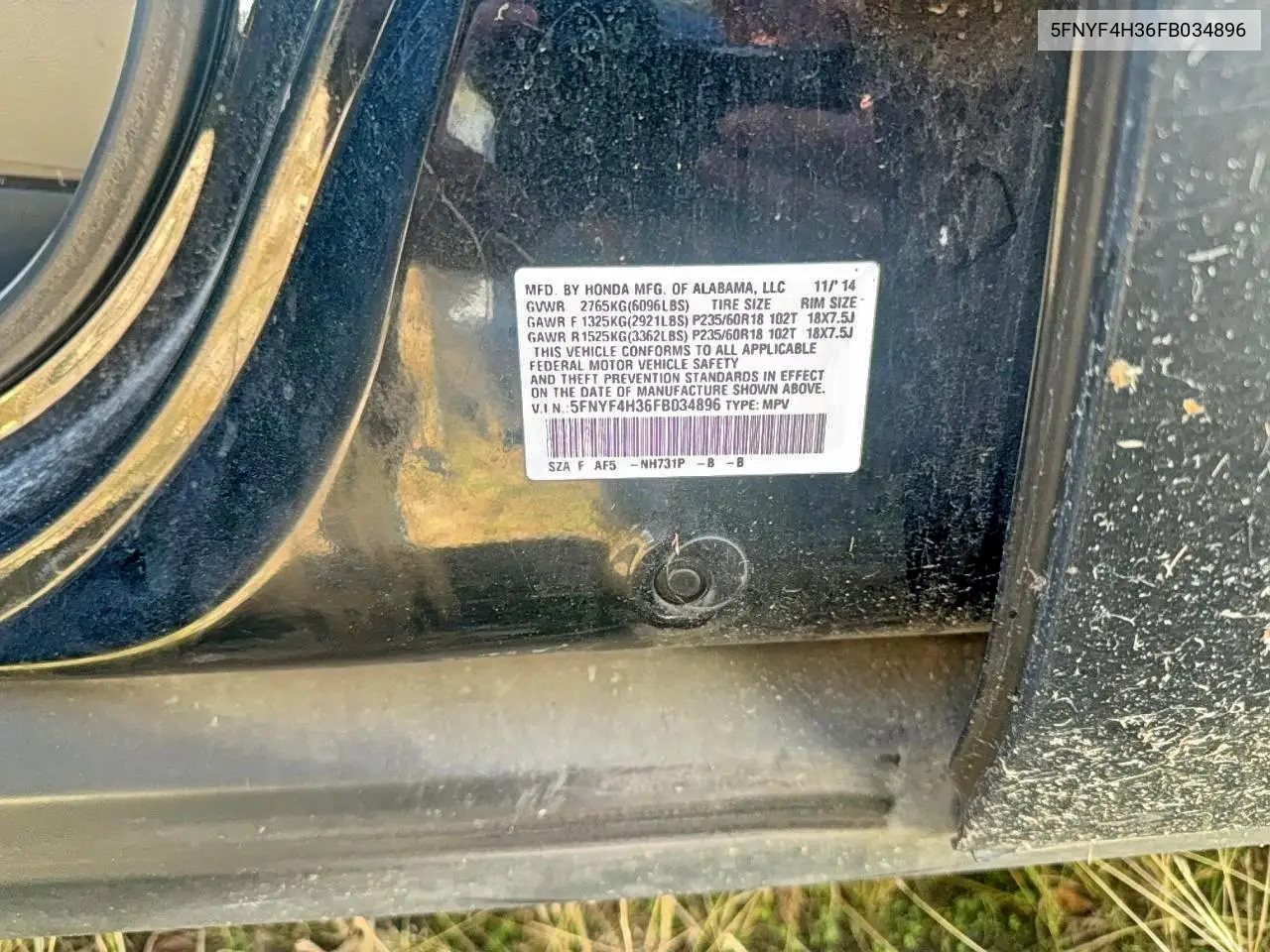 5FNYF4H36FB034896 2015 Honda Pilot Se