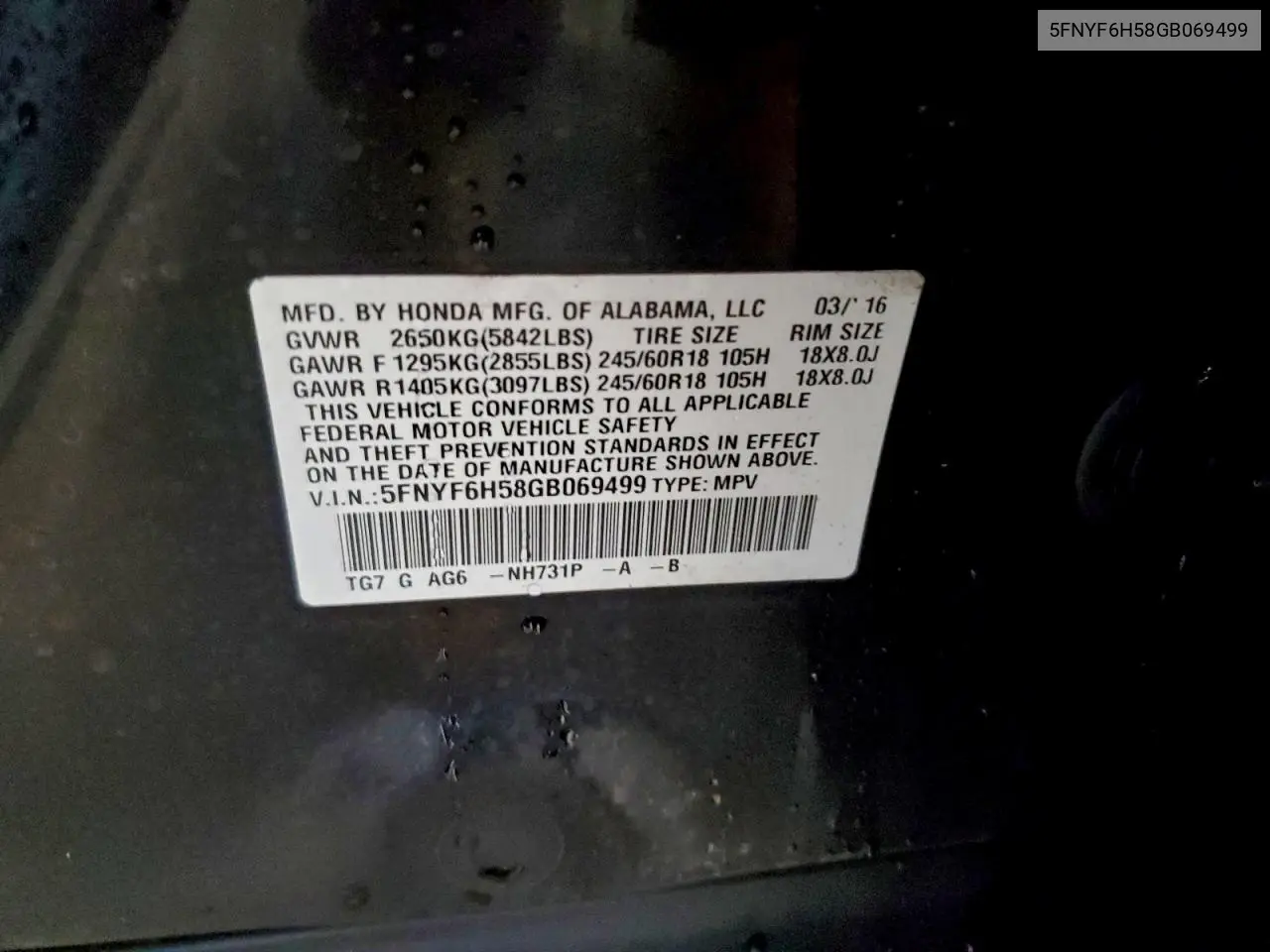5FNYF6H58GB069499 2016 Honda Pilot Exl