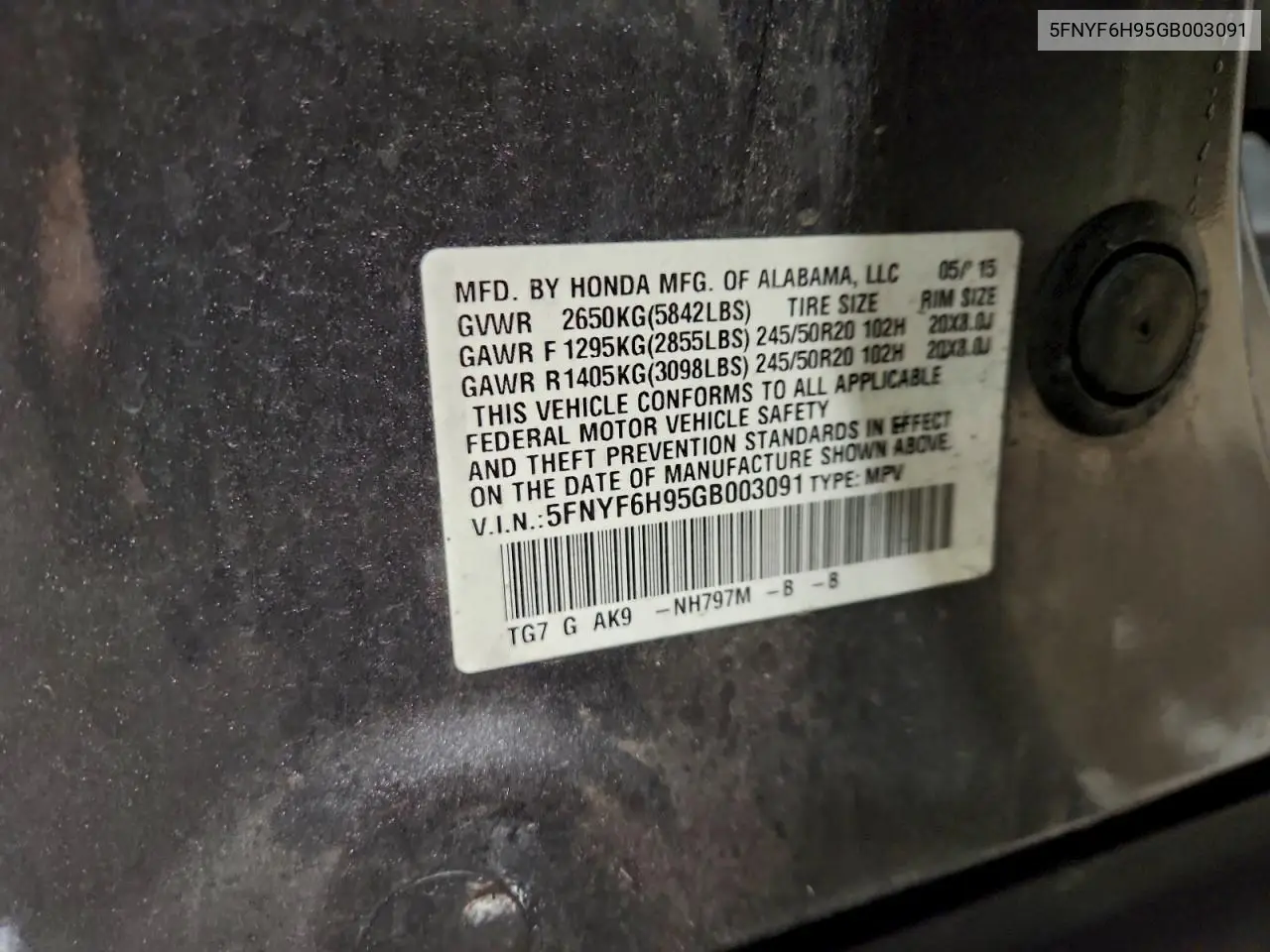 5FNYF6H95GB003091 2016 Honda Pilot Touring