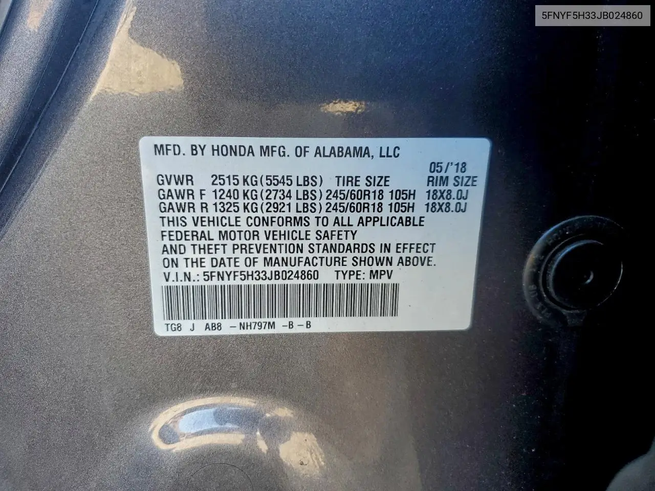 5FNYF5H33JB024860 2018 Honda Pilot Ex