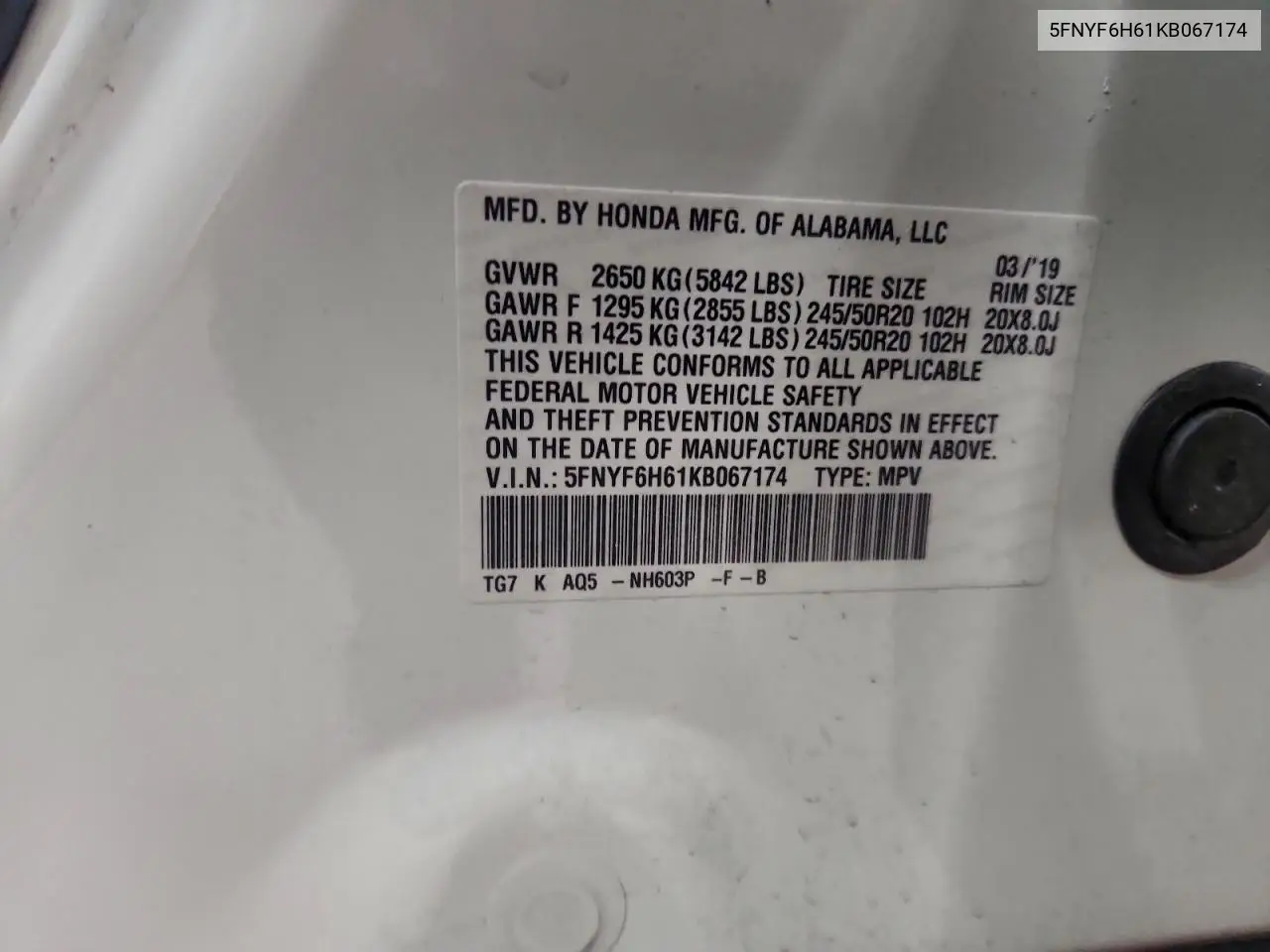 5FNYF6H61KB067174 2019 Honda Pilot Touring