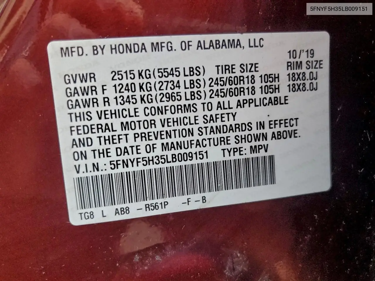 5FNYF5H35LB009151 2020 Honda Pilot Ex