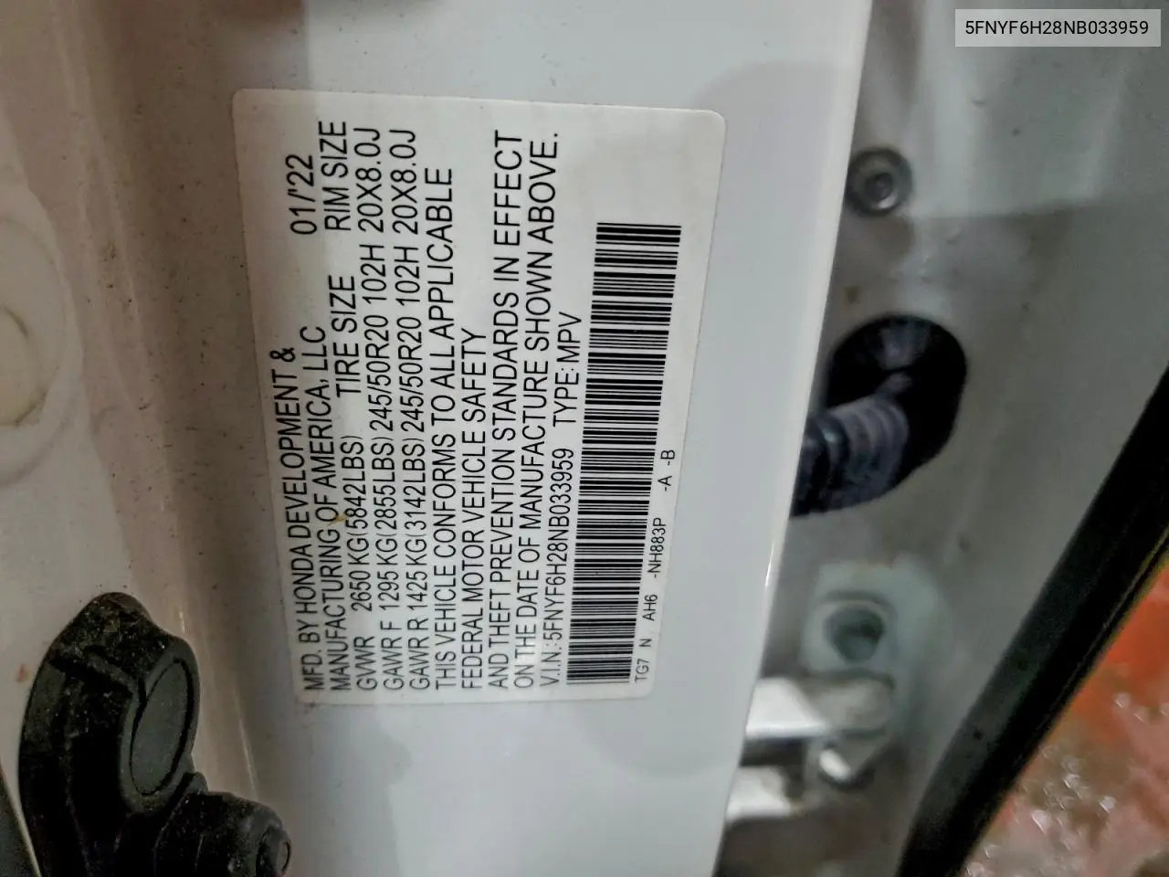 5FNYF6H28NB033959 2022 Honda Pilot Se