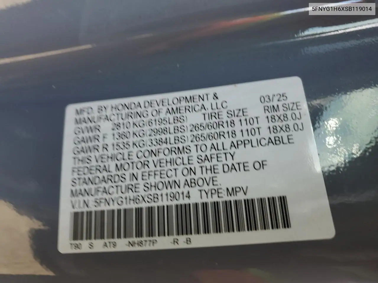 5FNYG1H6XSB119014 2025 Honda Pilot Trailsport