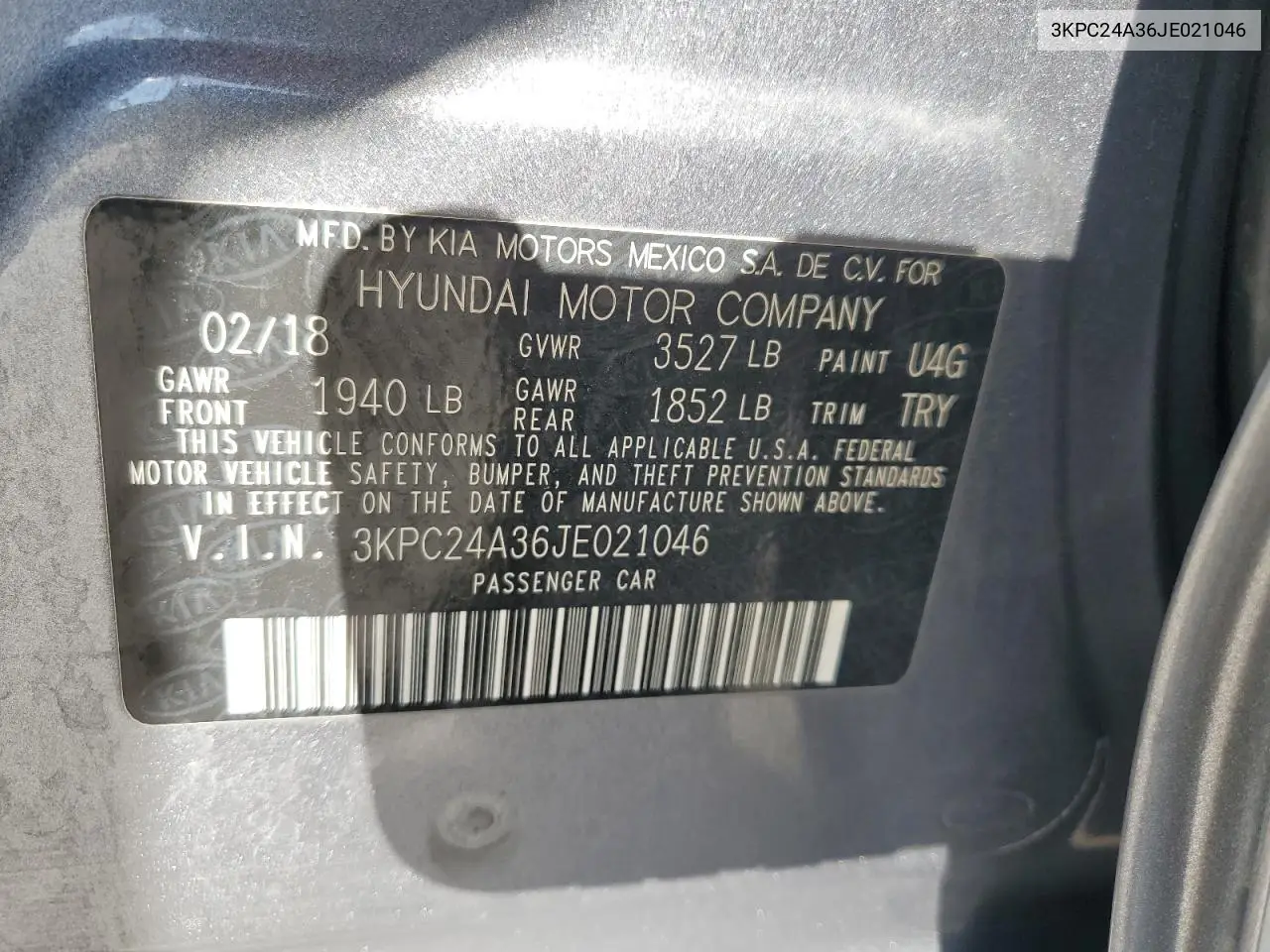 3KPC24A36JE021046 2018 Hyundai Accent Se