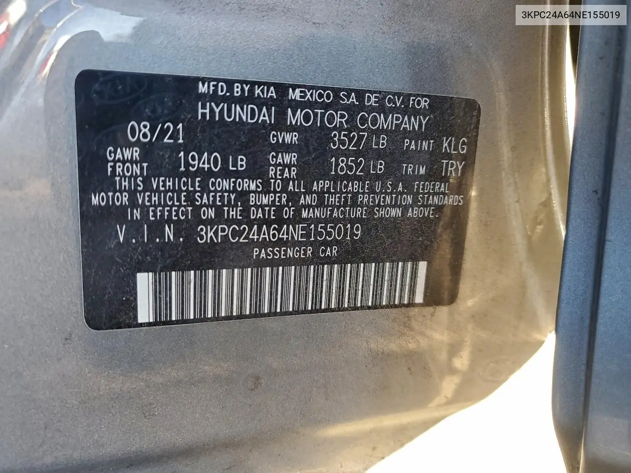 3KPC24A64NE155019 2022 Hyundai Accent Se