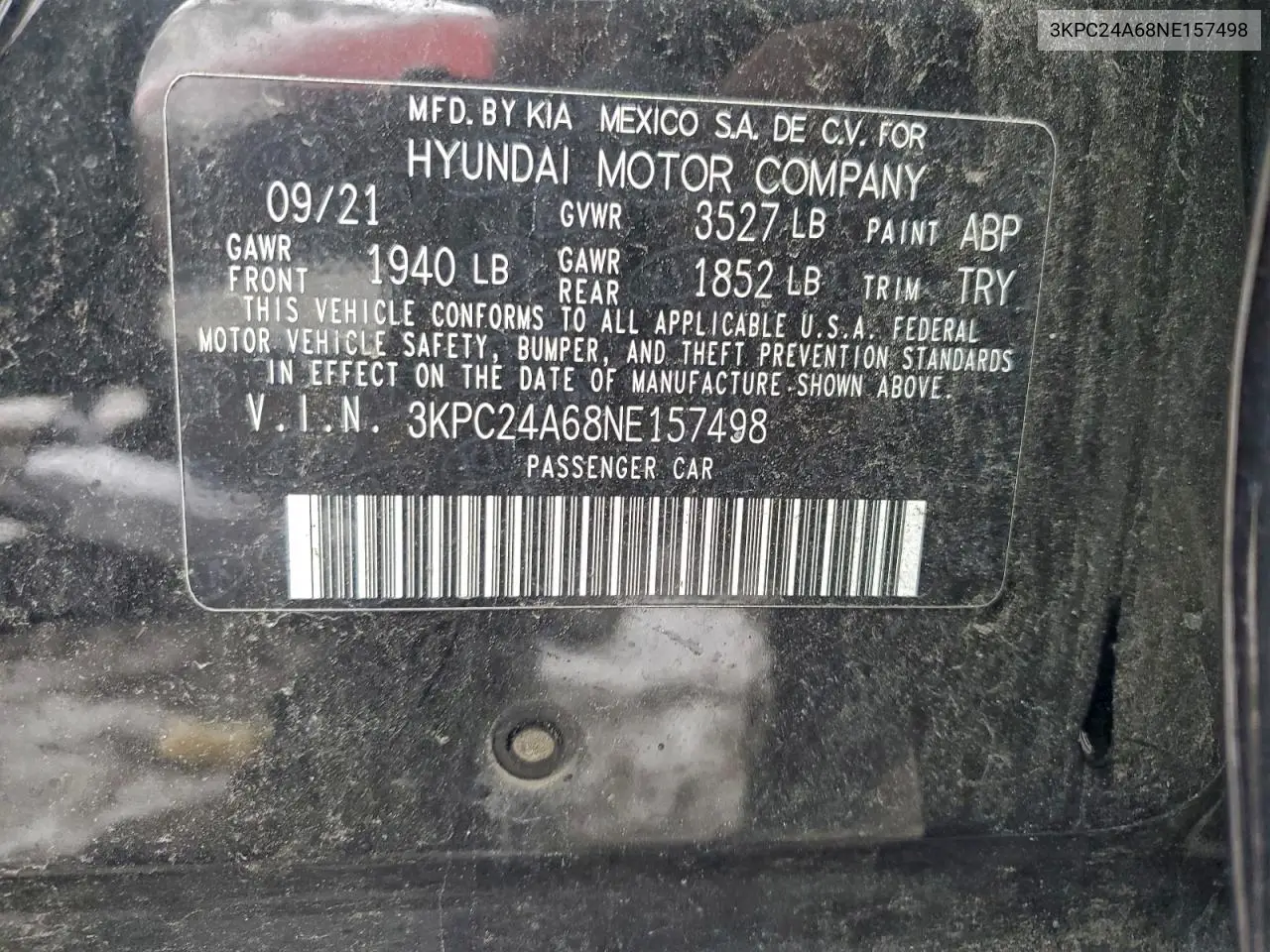 3KPC24A68NE157498 2022 Hyundai Accent Se