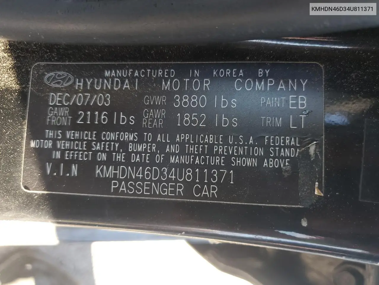 KMHDN46D34U811371 2004 Hyundai Elantra Gls