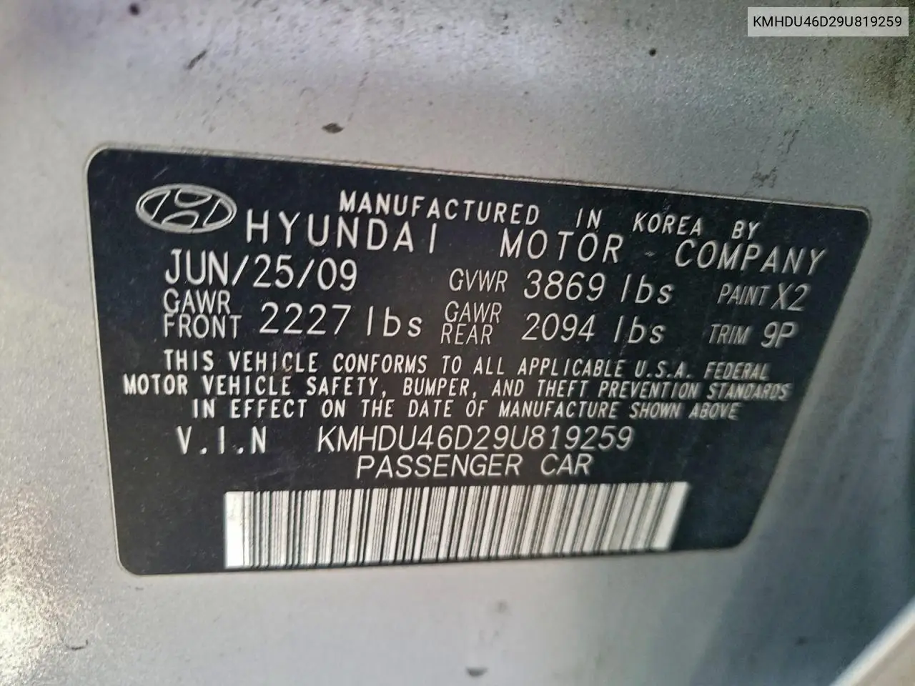 KMHDU46D29U819259 2009 Hyundai Elantra Gls