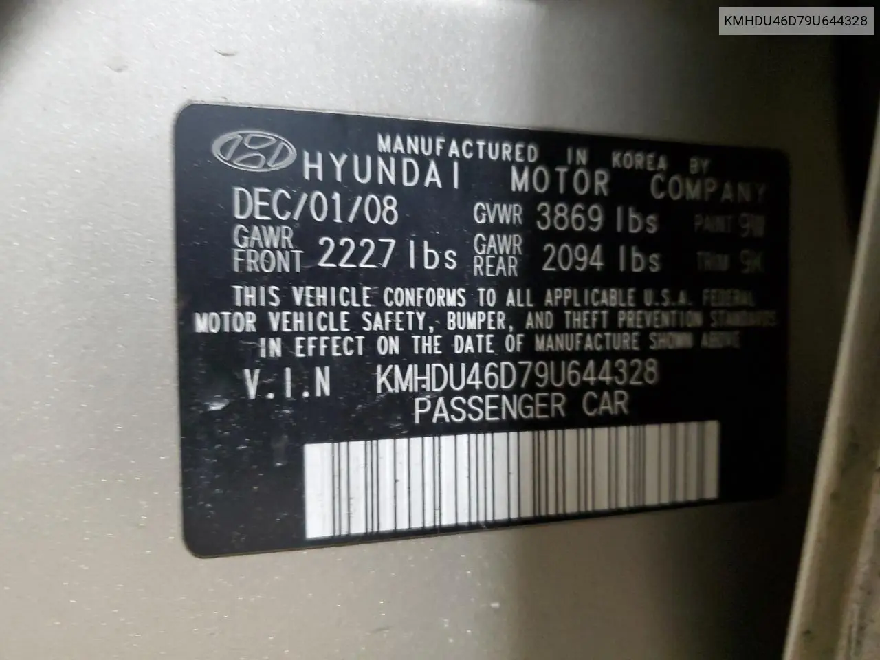 KMHDU46D79U644328 2009 Hyundai Elantra Gls