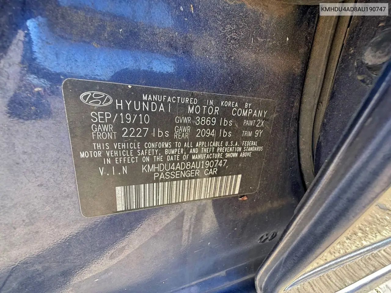 KMHDU4AD8AU190747 2010 Hyundai Elantra Blue