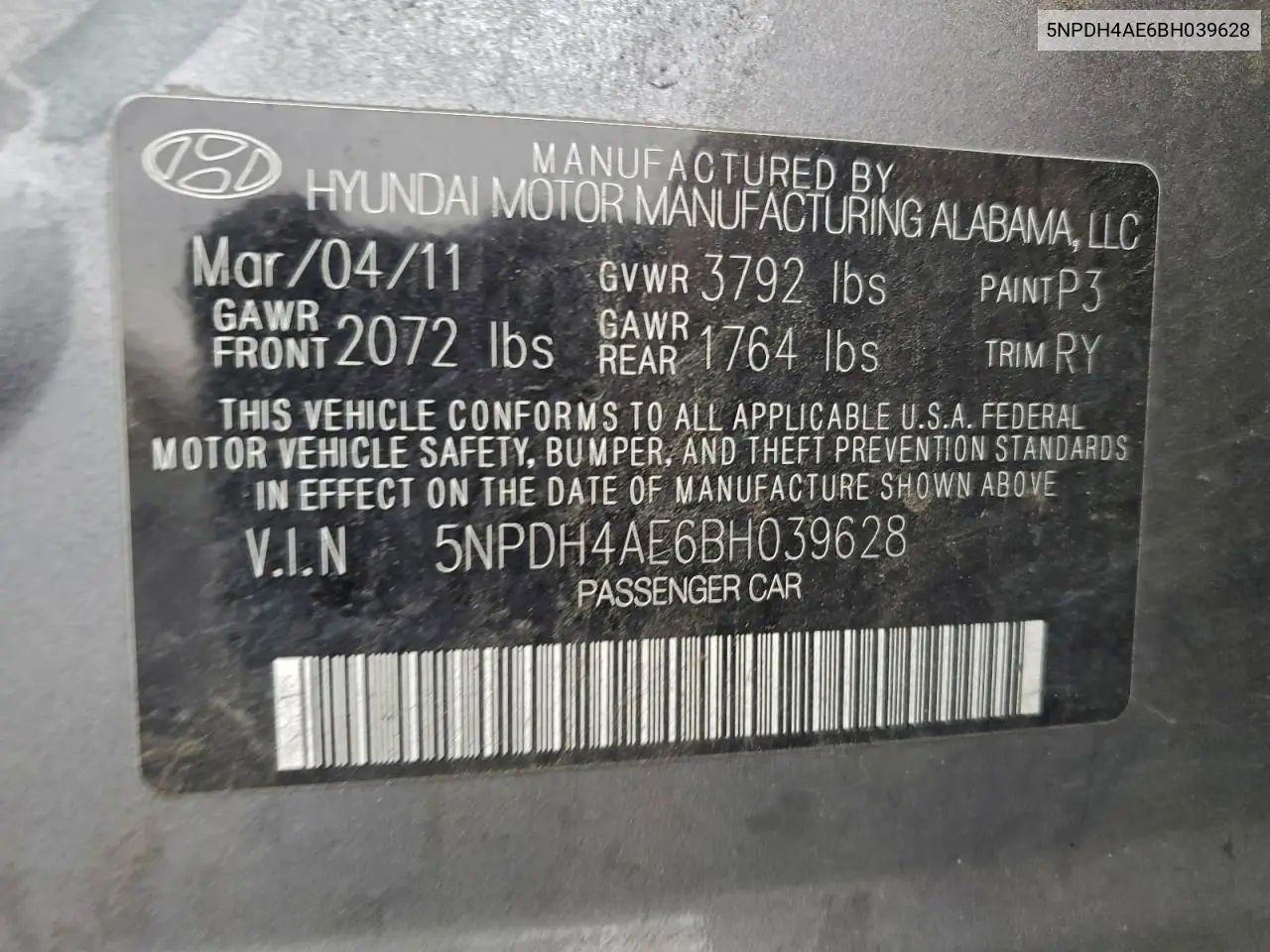 5NPDH4AE6BH039628 2011 Hyundai Elantra Gls