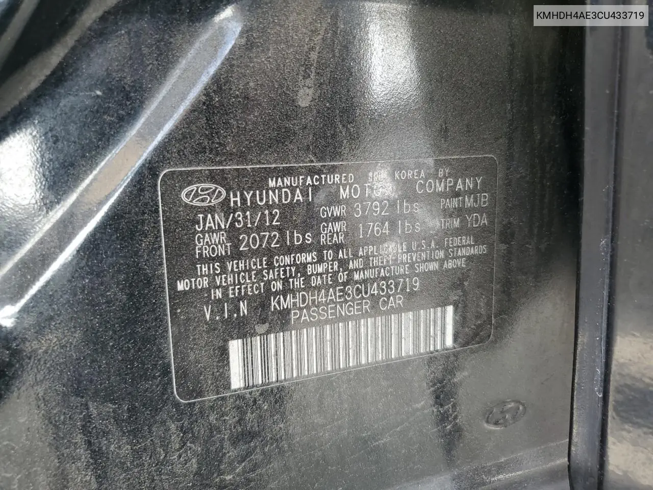 KMHDH4AE3CU433719 2012 Hyundai Elantra Gls