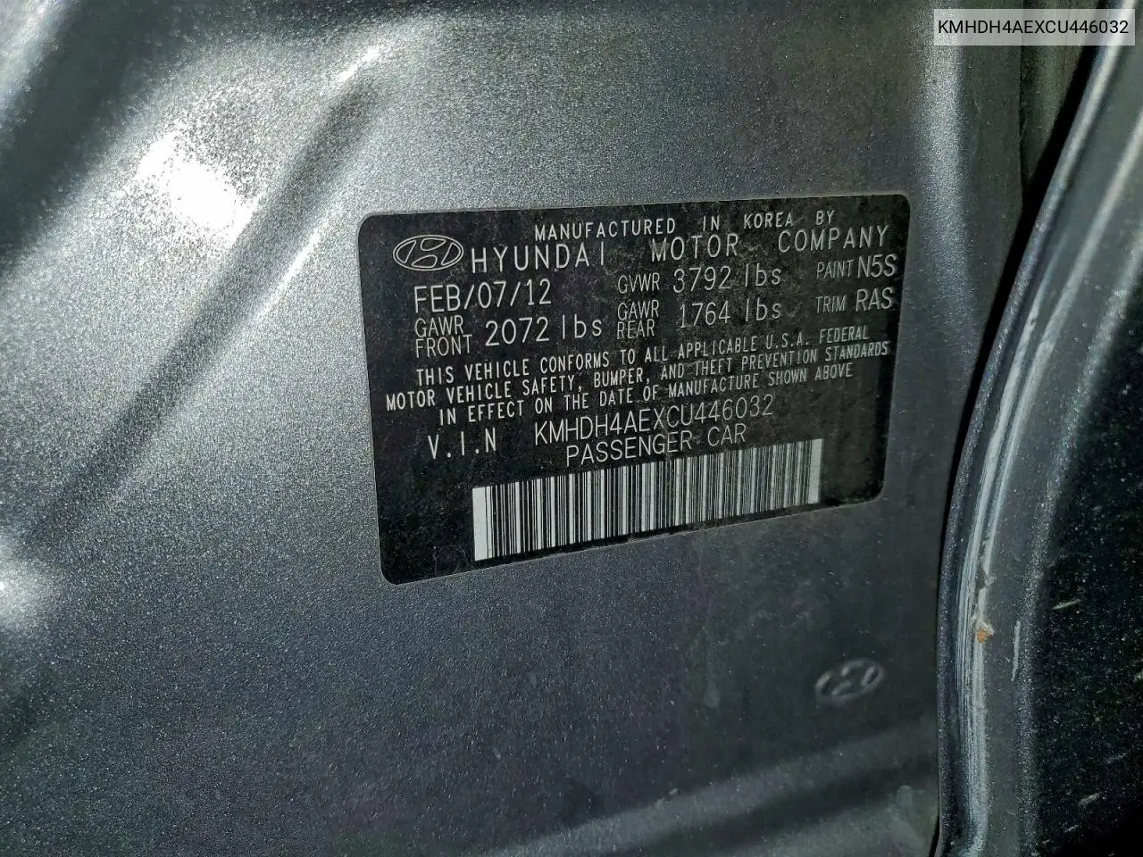 KMHDH4AEXCU446032 2012 Hyundai Elantra Gls