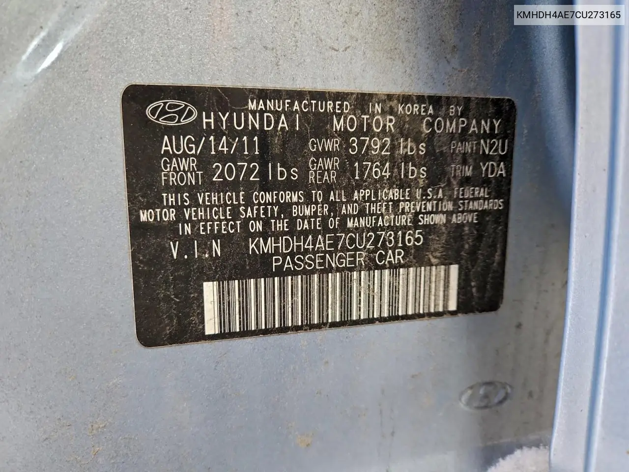 KMHDH4AE7CU273165 2012 Hyundai Elantra Gls