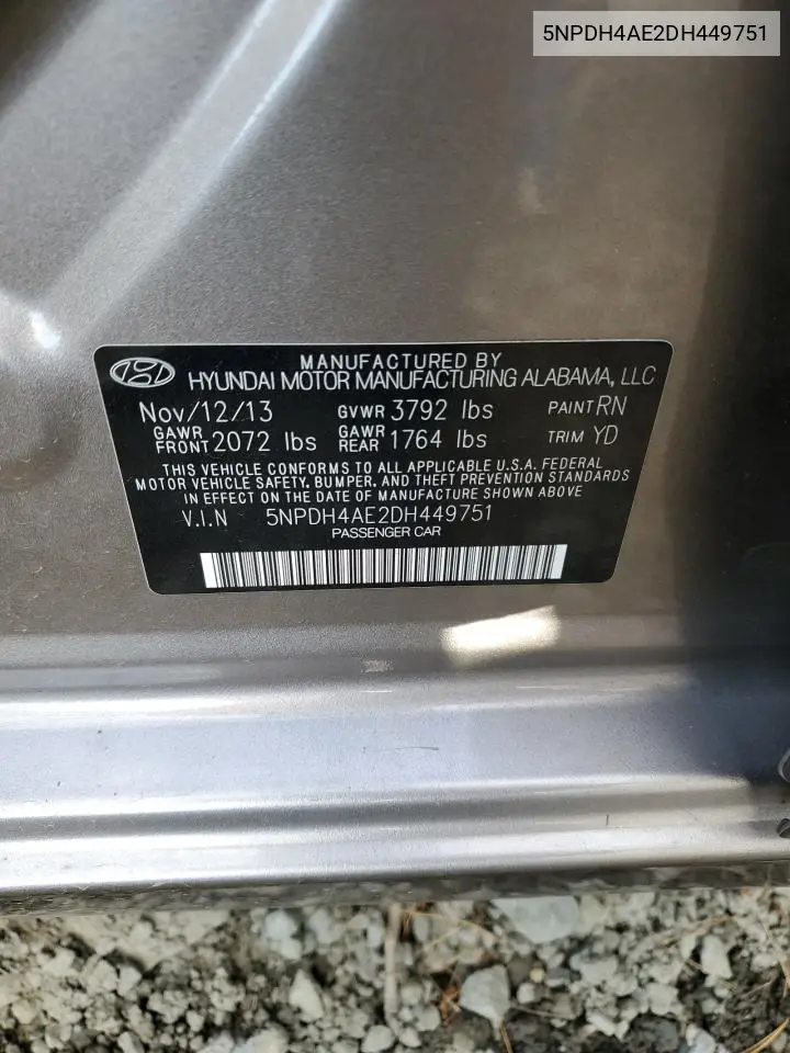5NPDH4AE2DH449751 2013 Hyundai Elantra Gls