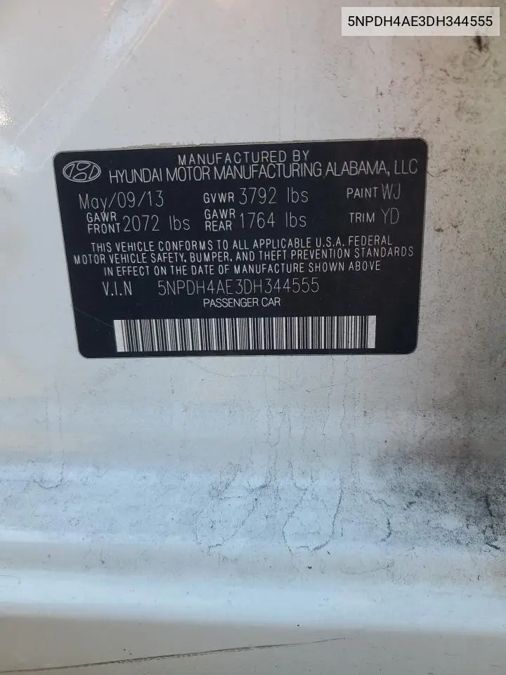 5NPDH4AE3DH344555 2013 Hyundai Elantra Gls