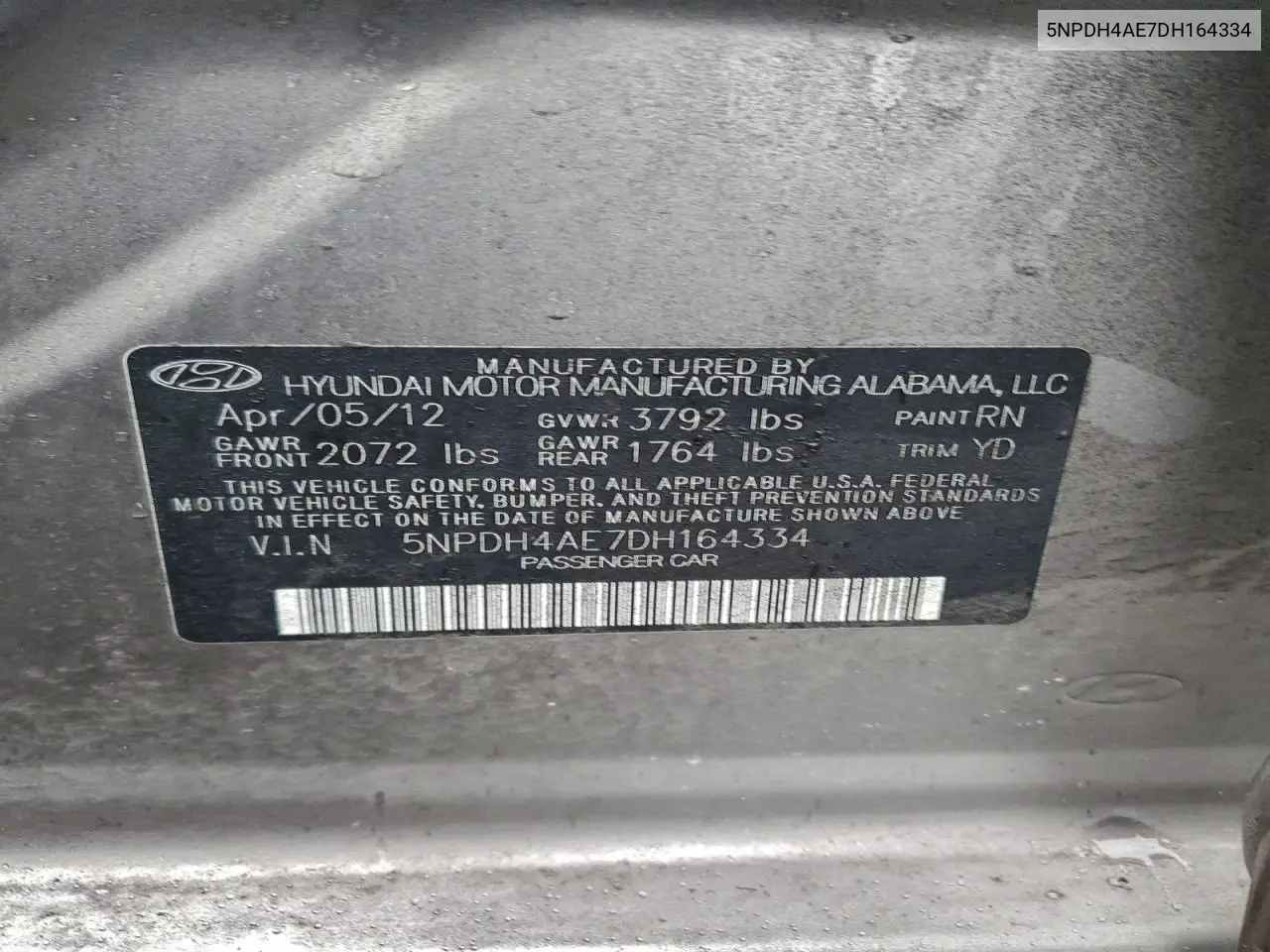 5NPDH4AE7DH164334 2013 Hyundai Elantra Gls