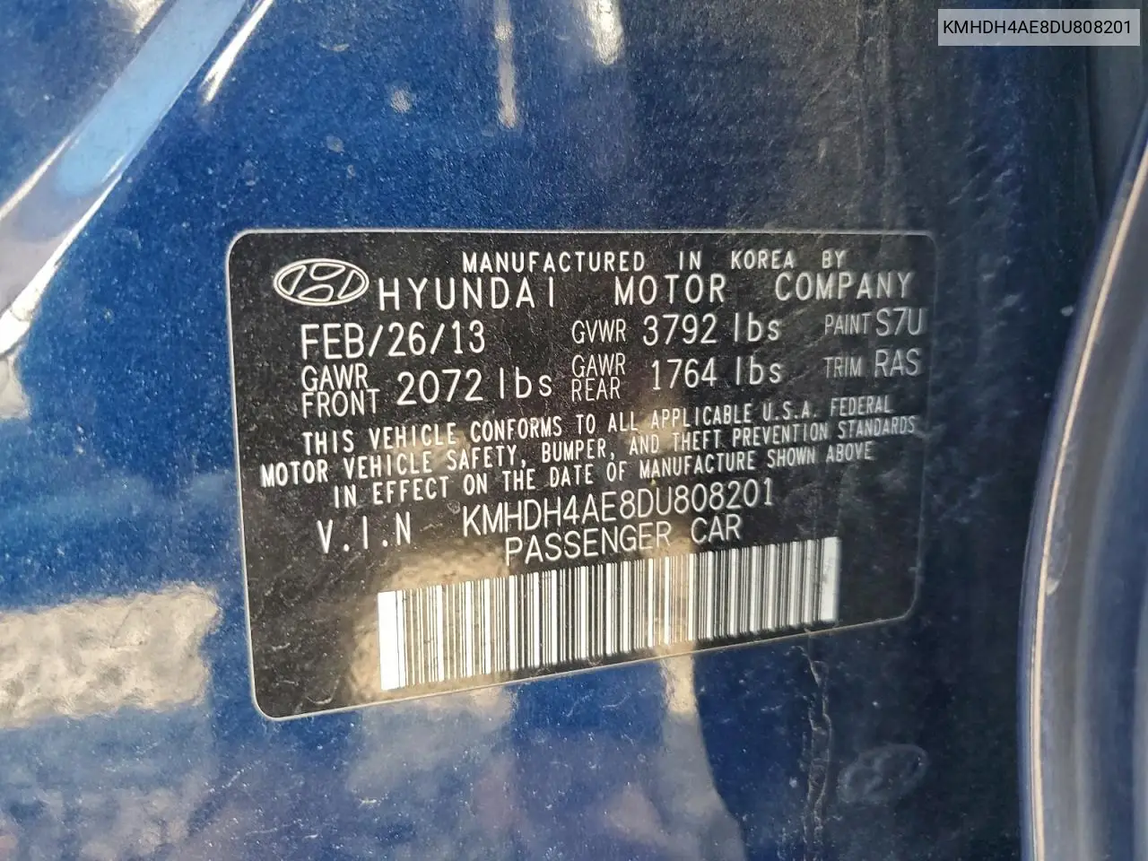 KMHDH4AE8DU808201 2013 Hyundai Elantra Gls