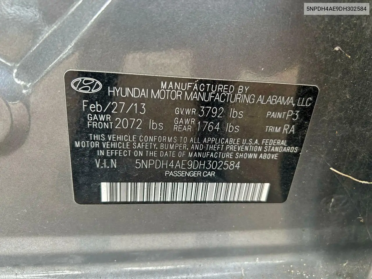 5NPDH4AE9DH302584 2013 Hyundai Elantra Gls