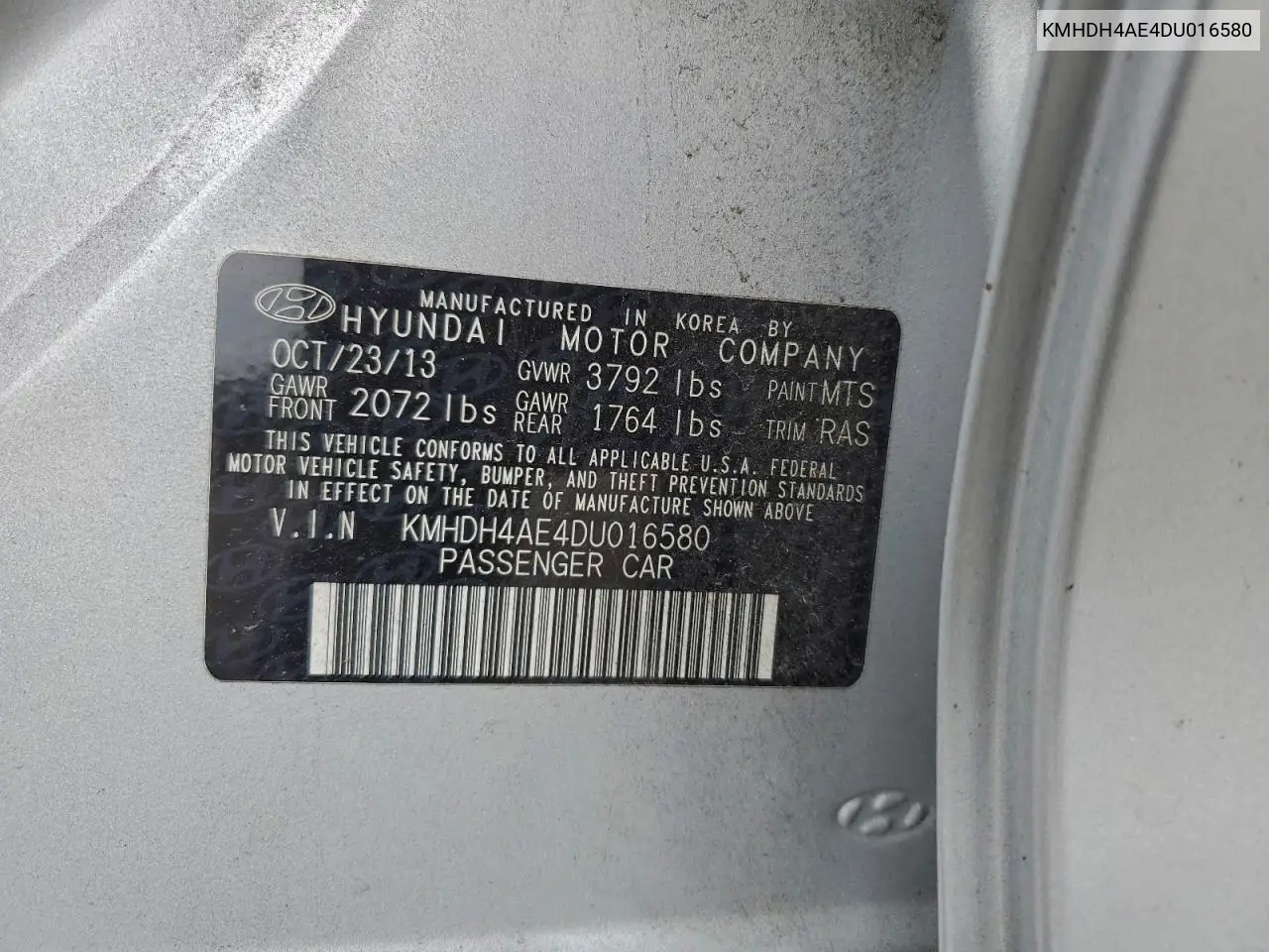 KMHDH4AE4DU016580 2013 Hyundai Elantra Gls