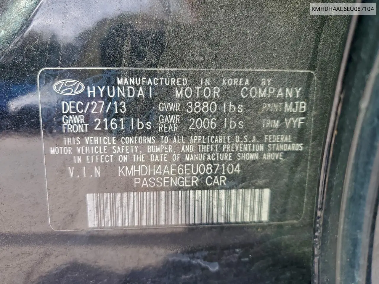 KMHDH4AE6EU087104 2014 Hyundai Elantra Se