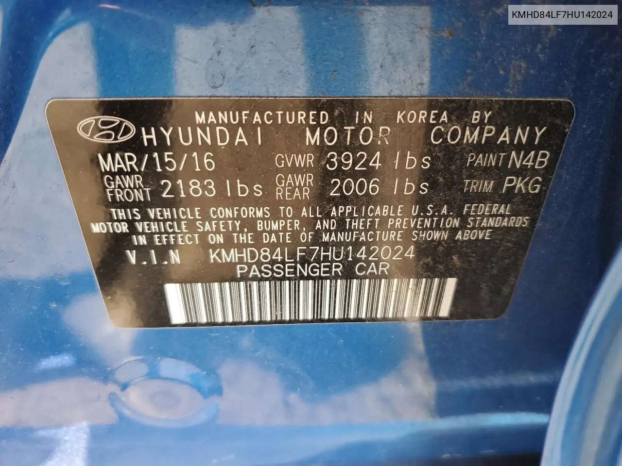 KMHD84LF7HU142024 2017 Hyundai Elantra Se
