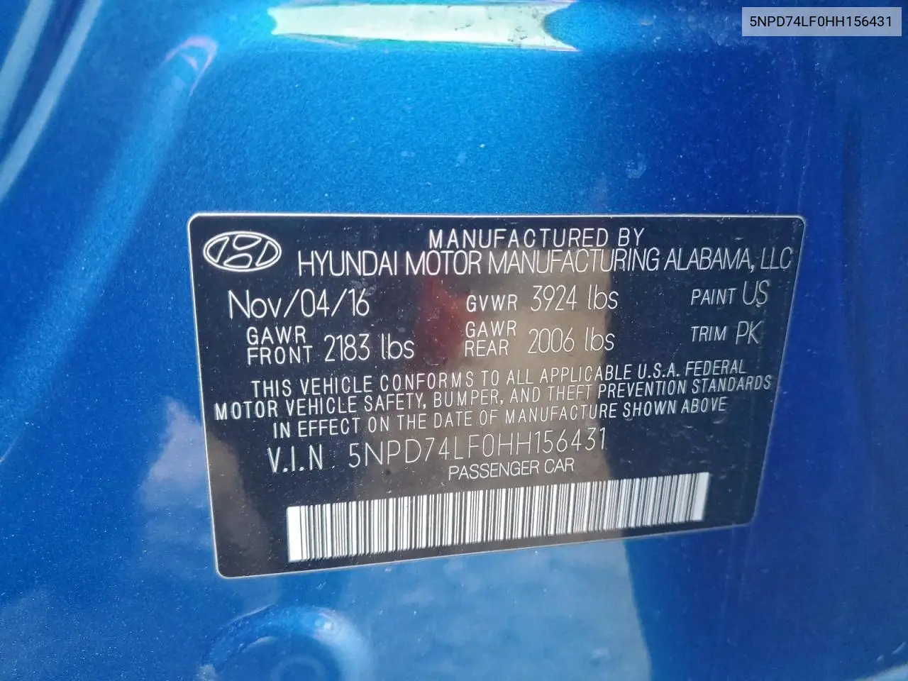 5NPD74LF0HH156431 2017 Hyundai Elantra Se