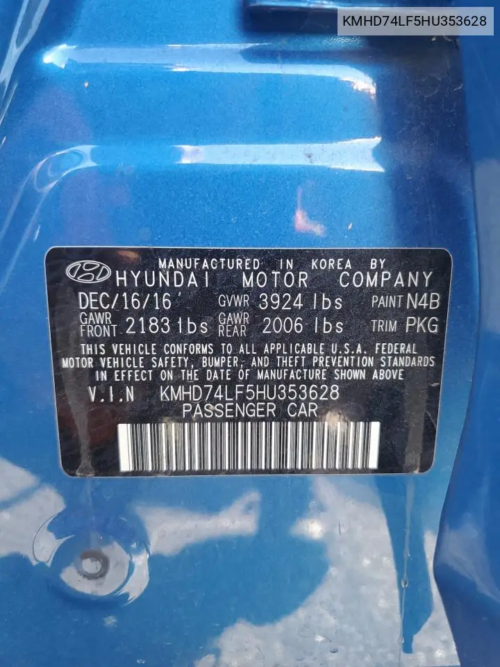 KMHD74LF5HU353628 2017 Hyundai Elantra Se