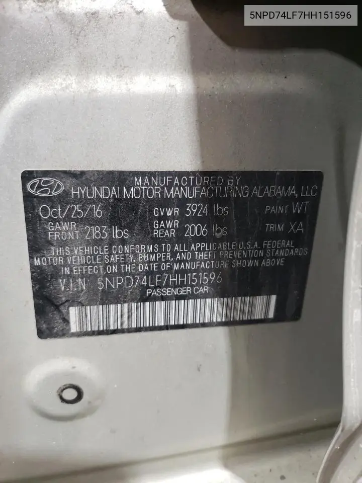 5NPD74LF7HH151596 2017 Hyundai Elantra Se