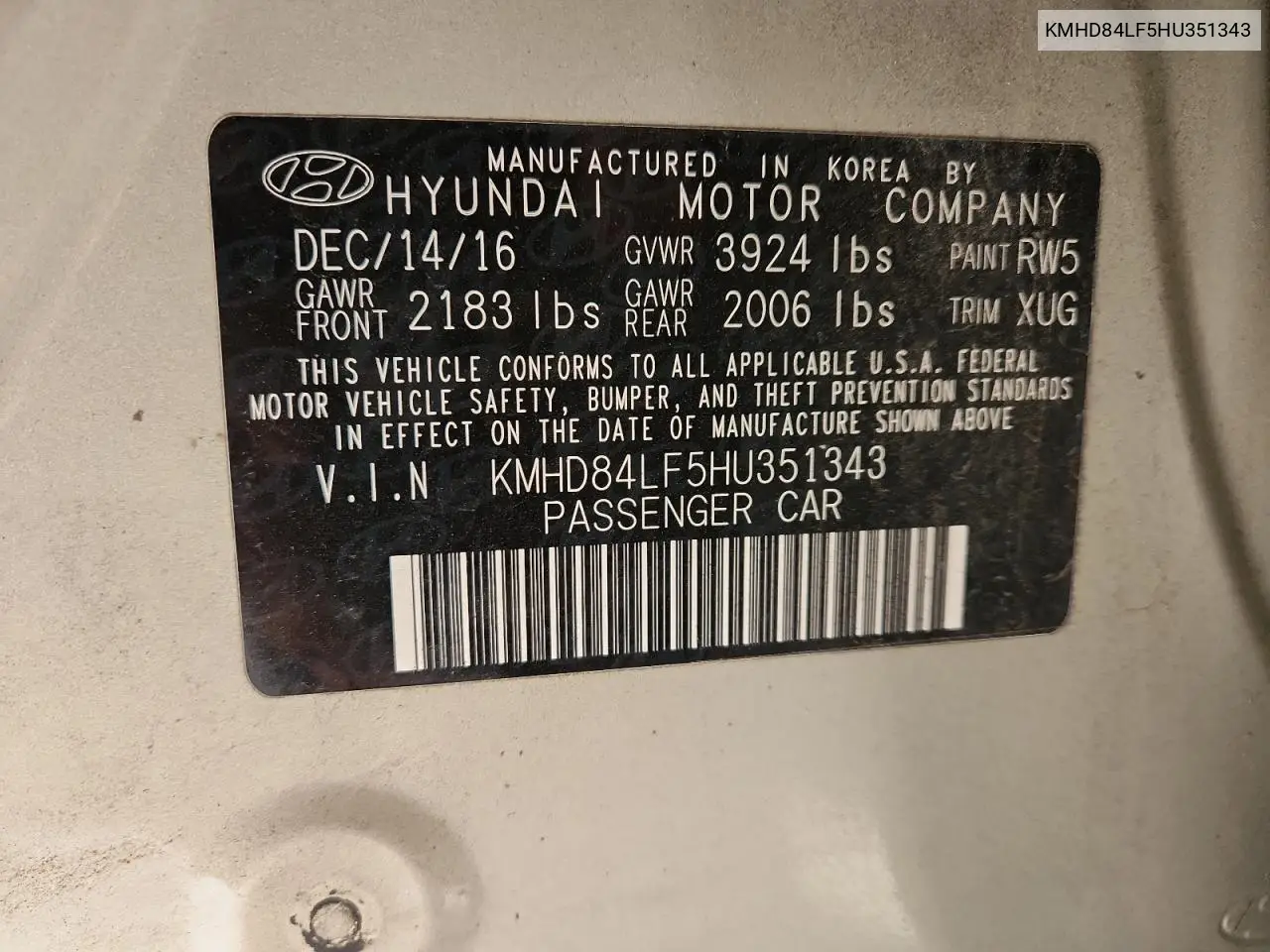KMHD84LF5HU351343 2017 Hyundai Elantra Se
