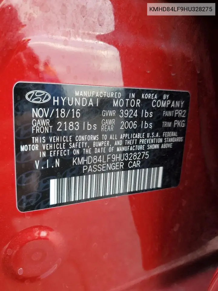 KMHD84LF9HU328275 2017 Hyundai Elantra Se