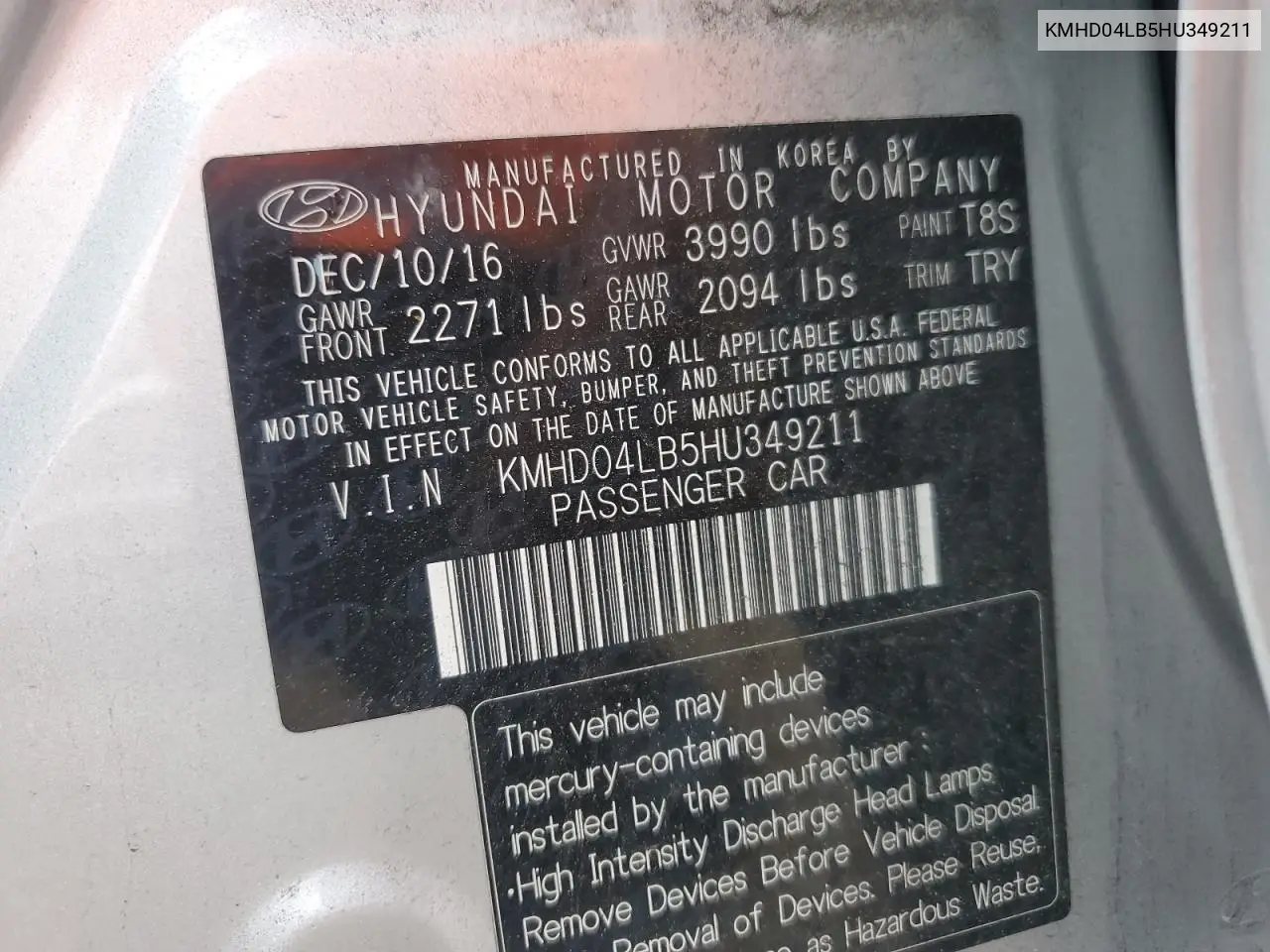 KMHD04LB5HU349211 2017 Hyundai Elantra Sport