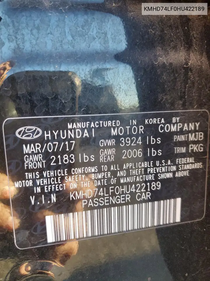 KMHD74LF0HU422189 2017 Hyundai Elantra Se