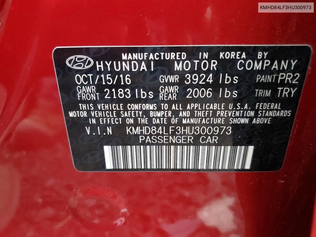 KMHD84LF3HU300973 2017 Hyundai Elantra Se