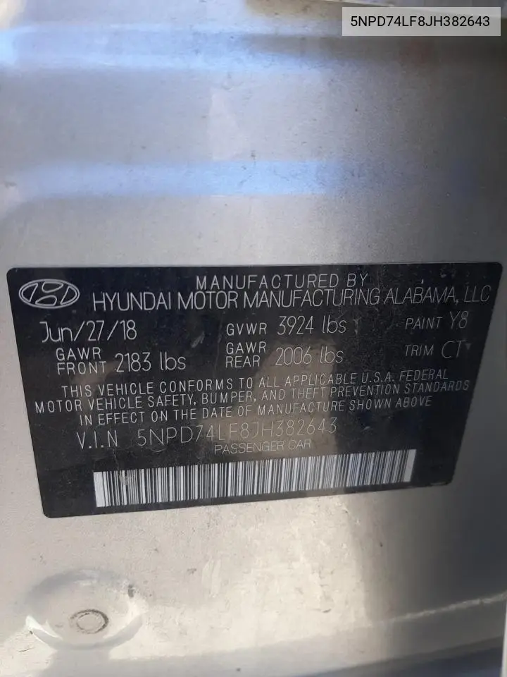 5NPD74LF8JH382643 2018 Hyundai Elantra Se