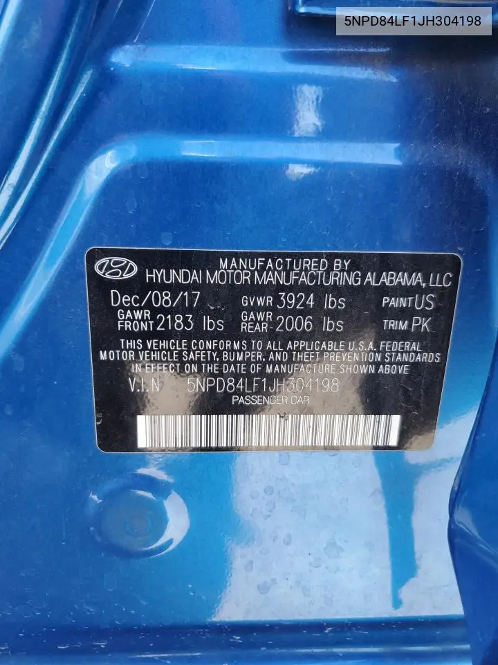 5NPD84LF1JH304198 2018 Hyundai Elantra Sel