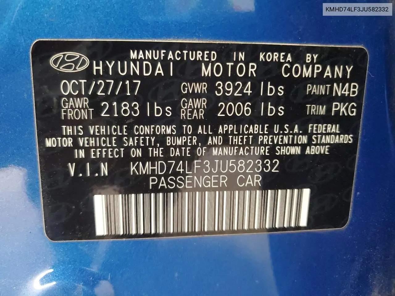 KMHD74LF3JU582332 2018 Hyundai Elantra Se