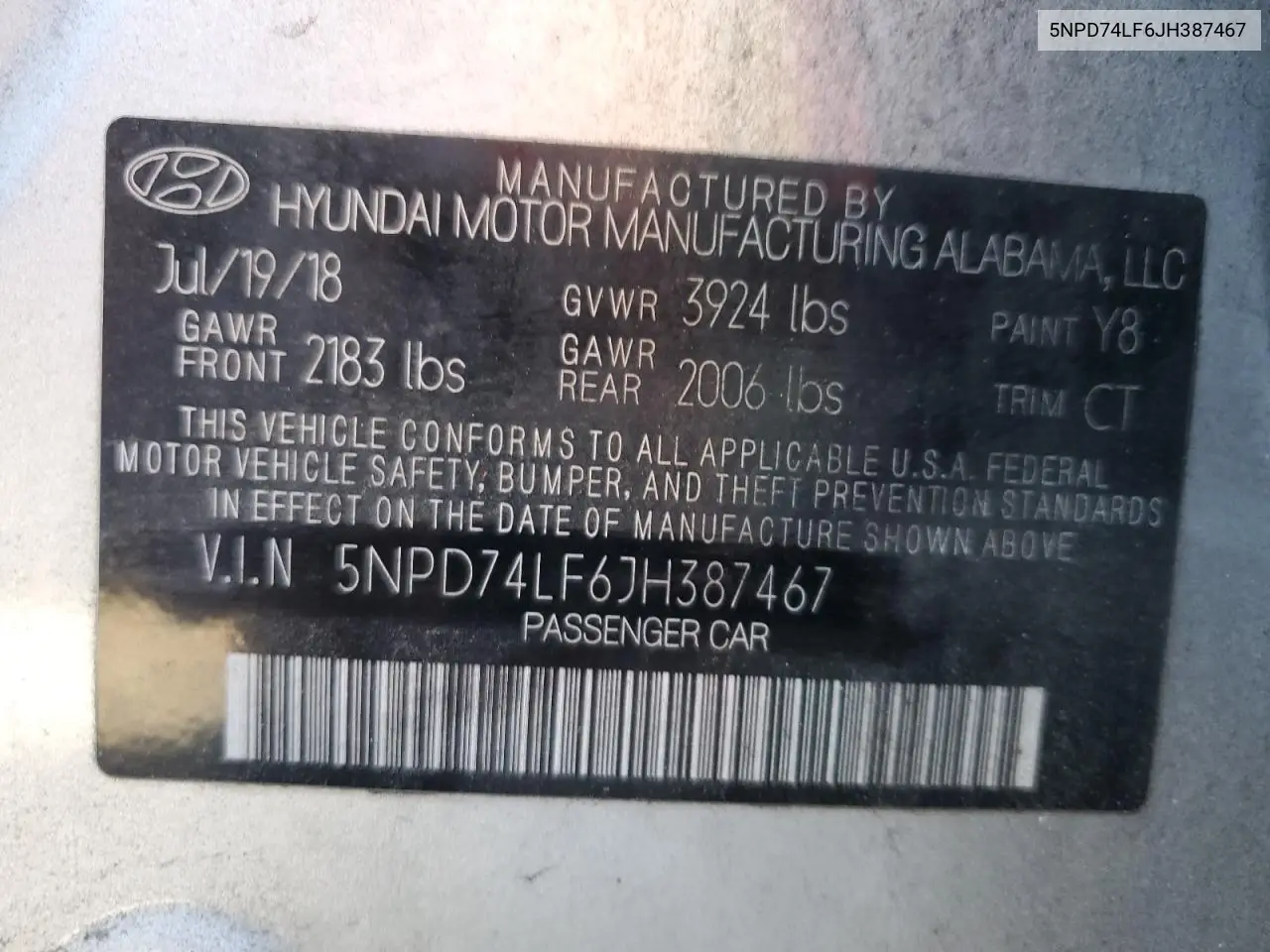 5NPD74LF6JH387467 2018 Hyundai Elantra Se