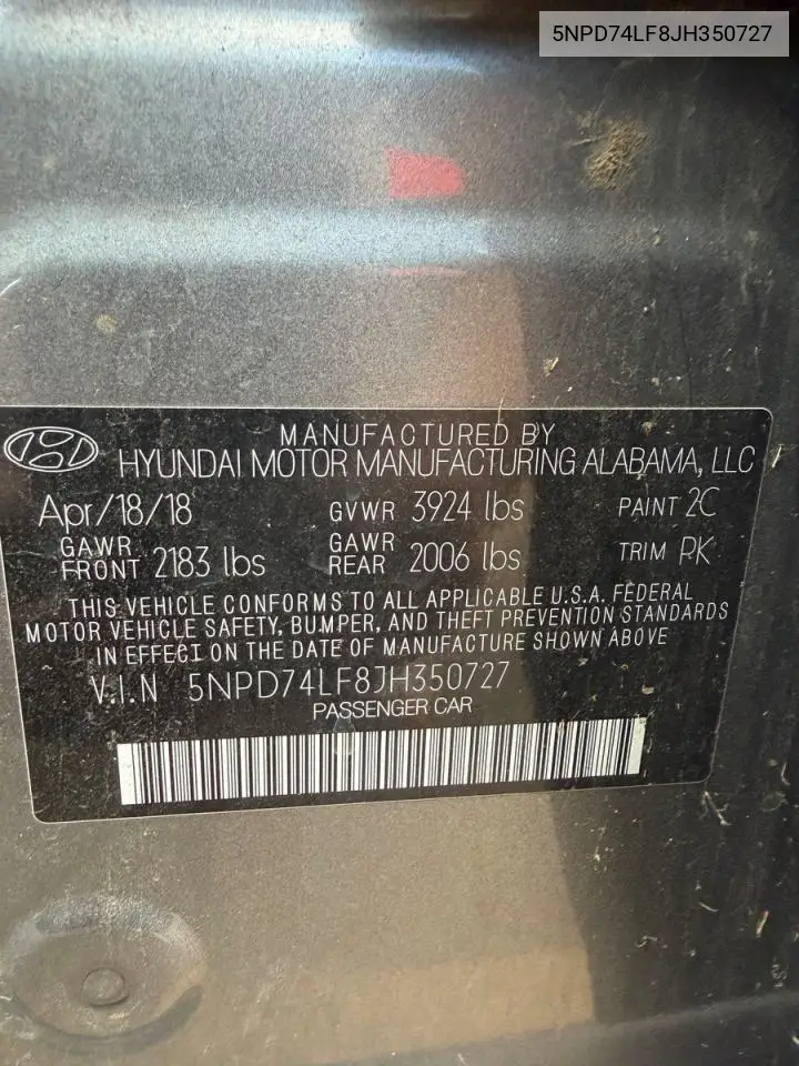 5NPD74LF8JH350727 2018 Hyundai Elantra Se