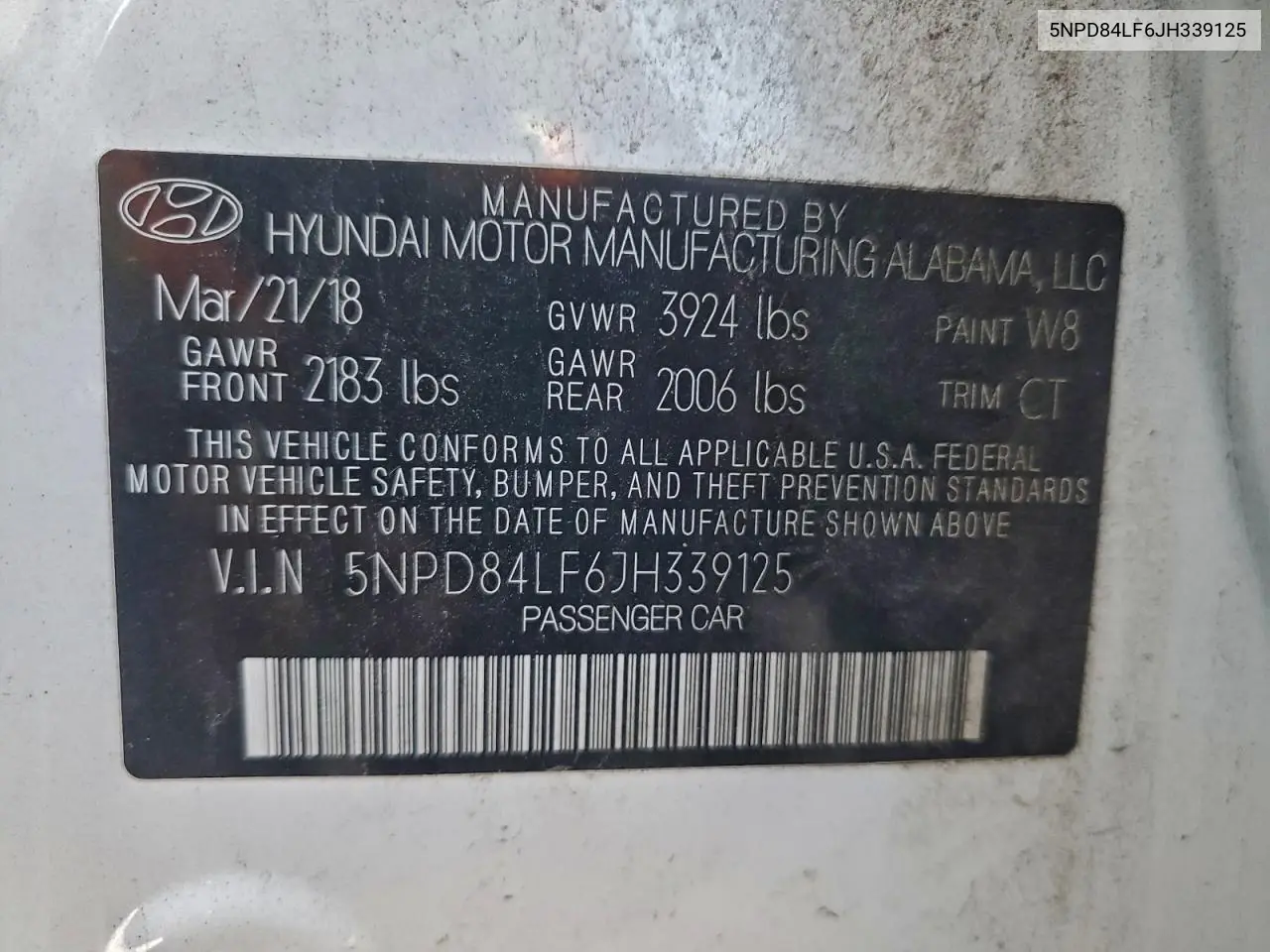 5NPD84LF6JH339125 2018 Hyundai Elantra Sel