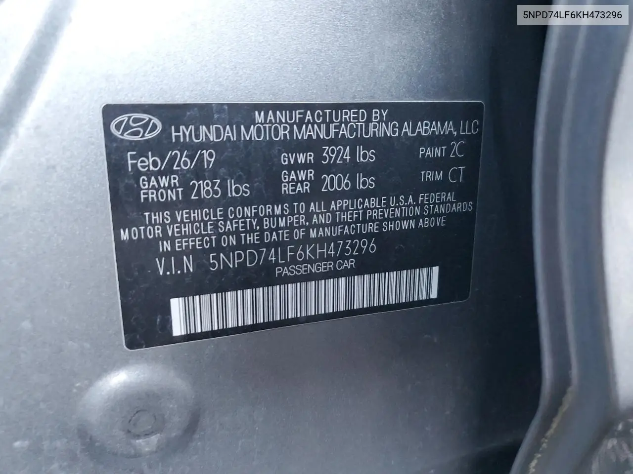 5NPD74LF6KH473296 2019 Hyundai Elantra Se