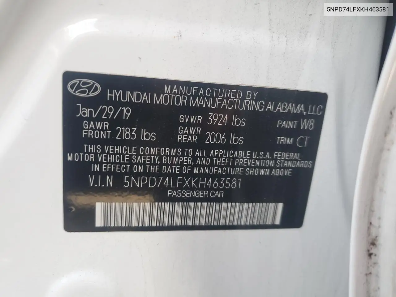 5NPD74LFXKH463581 2019 Hyundai Elantra Se