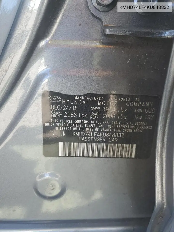 KMHD74LF4KU848832 2019 Hyundai Elantra Se