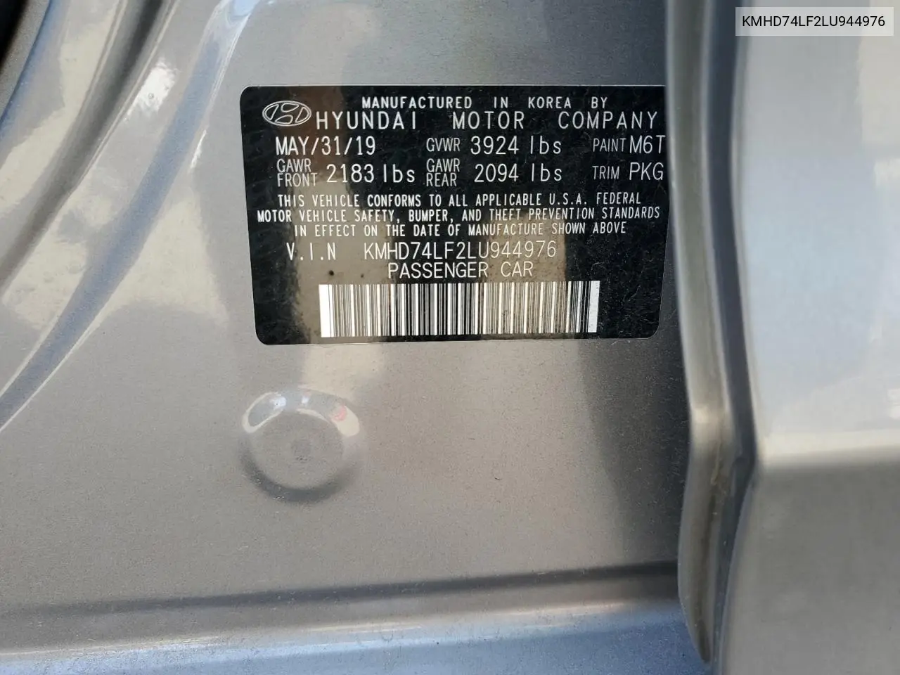 KMHD74LF2LU944976 2020 Hyundai Elantra Se