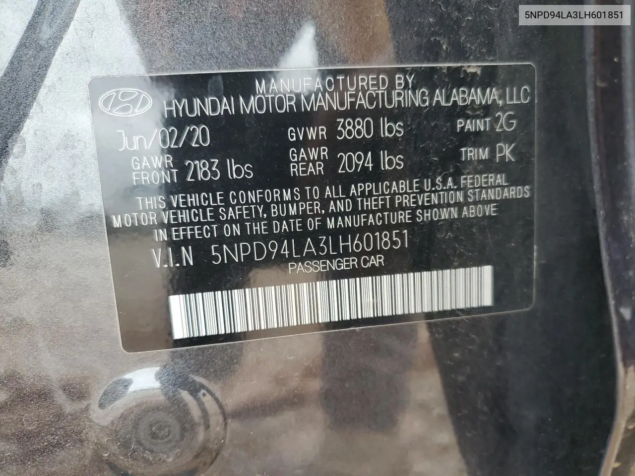 5NPD94LA3LH601851 2020 Hyundai Elantra Eco