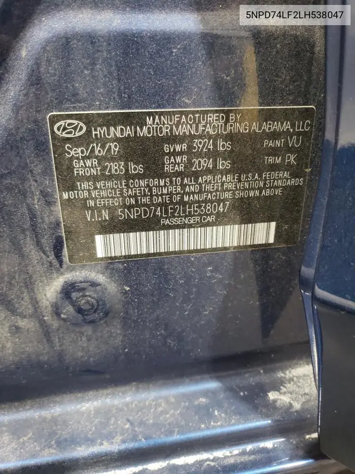 5NPD74LF2LH538047 2020 Hyundai Elantra Se